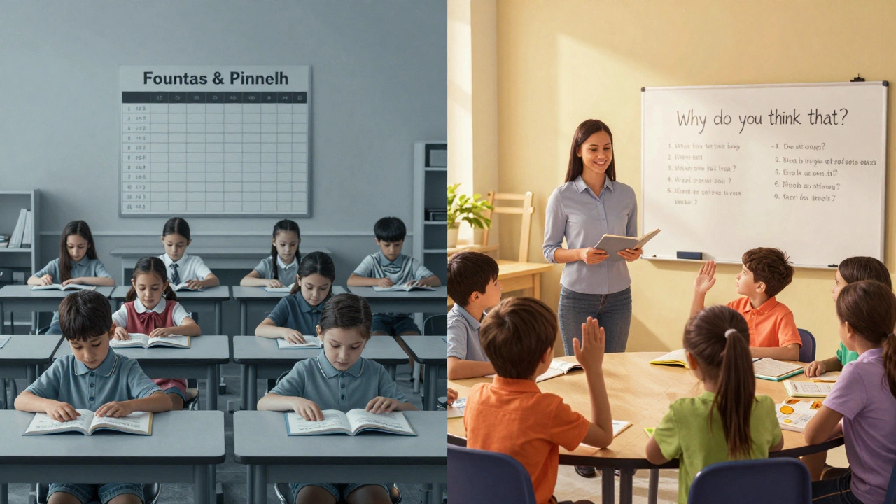 Contrasting classroom scenes: one rigid and formulaic, the other interactive and student-centered.