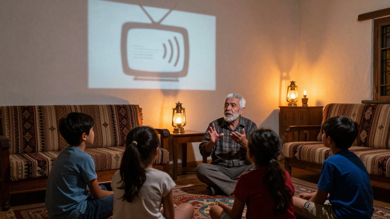 Elder teaching children with modern media shadows on the wall.
