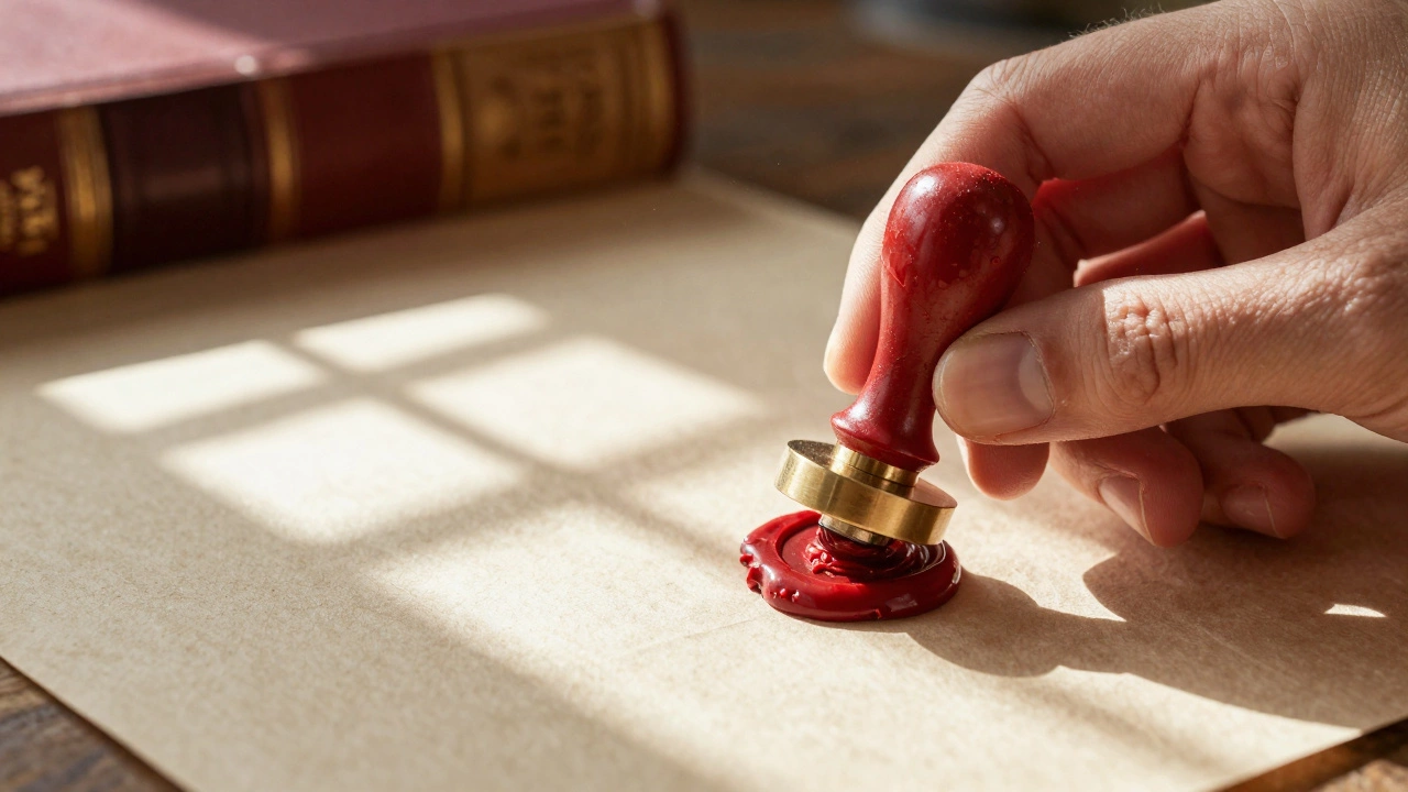 Hands cleaning antique wax seal on parchment paper in sunlit room