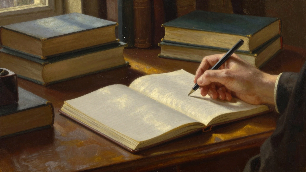 Oil painting of a writer's desk with manuscripts and a pen in hand.