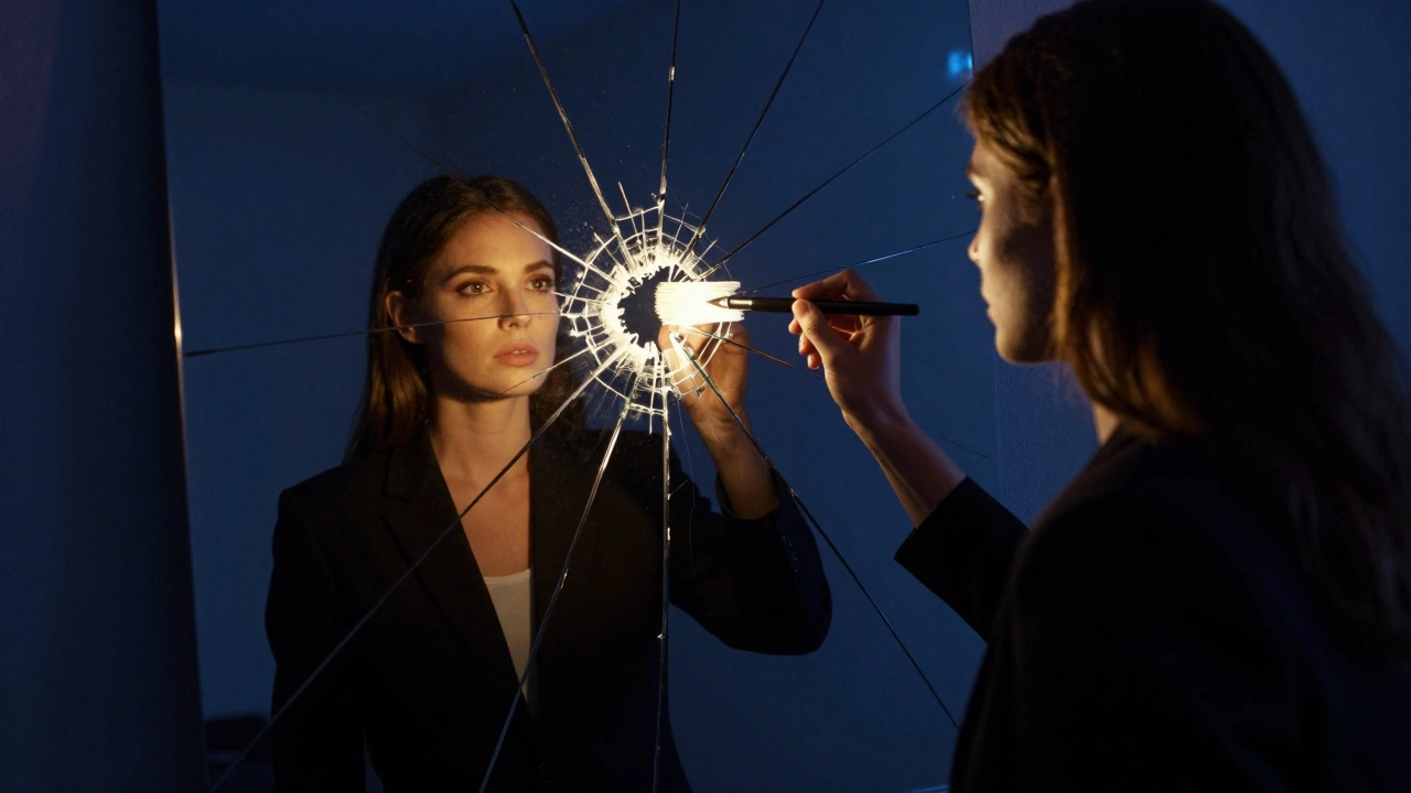 Person using light pen to repair a cracked mirror reflection.