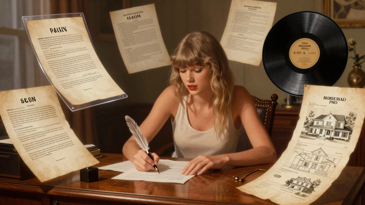 Taylor Swift at a desk surrounded by floating financial documents and vinyl records.
