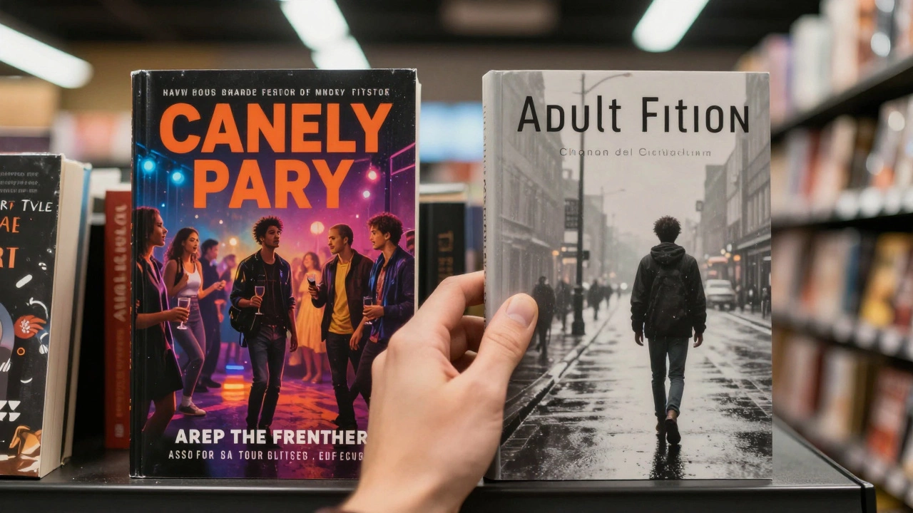 Two books on a shelf side by side, one with a party scene cover and the other with a solitary figure, a hand hovering between them.