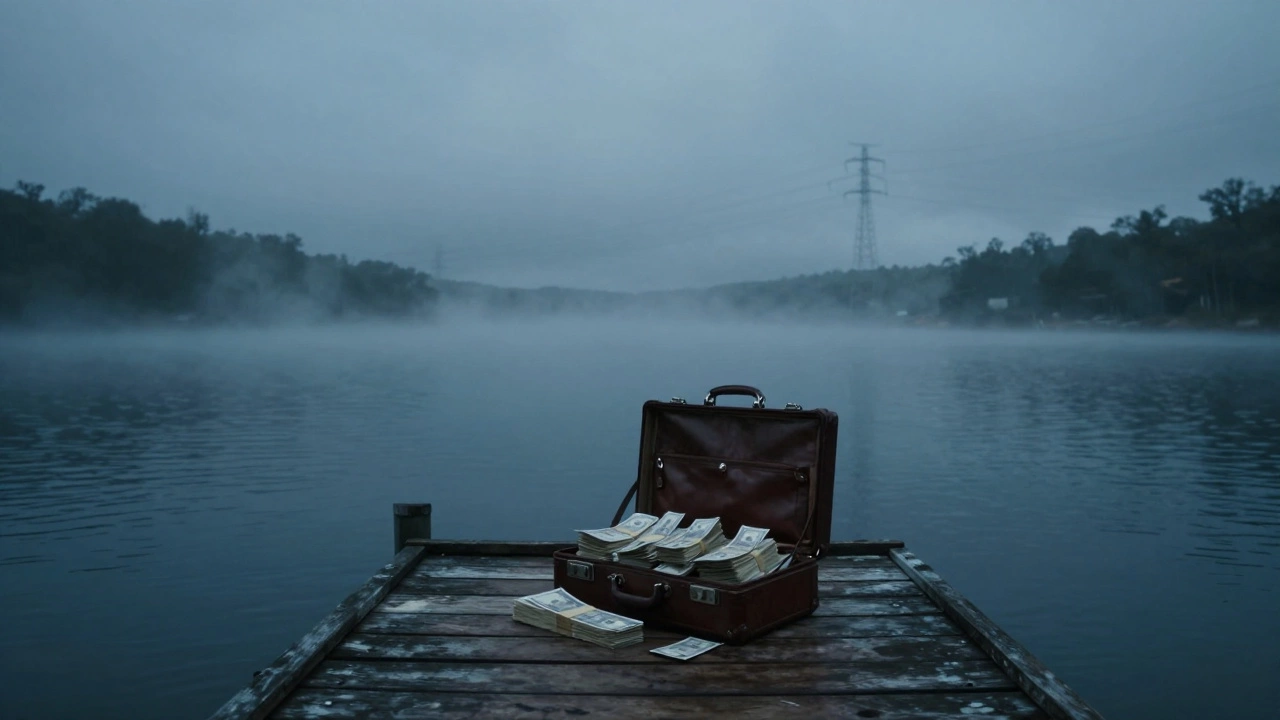 A briefcase of money on a foggy dock at the Lake of the Ozarks.