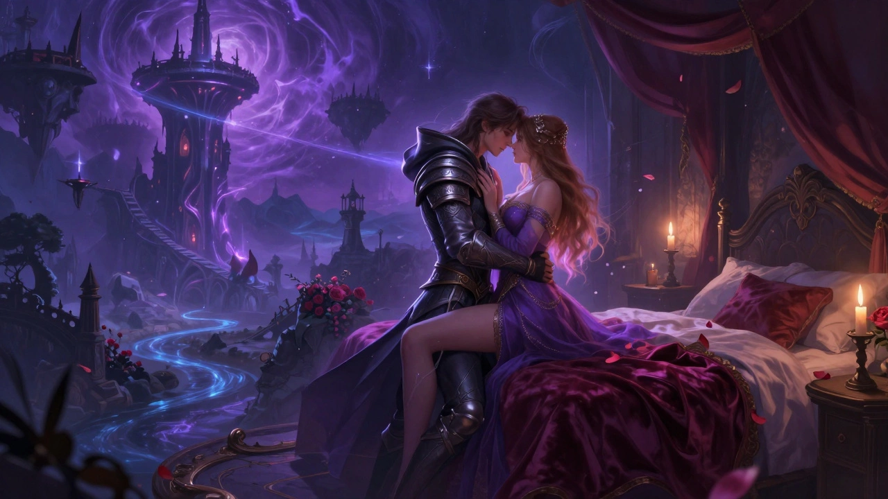 A digital art piece blending an epic fantasy landscape with a romantic, intimate setting.