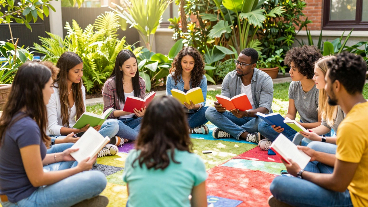 A diverse group of young adults sharing a joyful discussion at a community book club in a garden