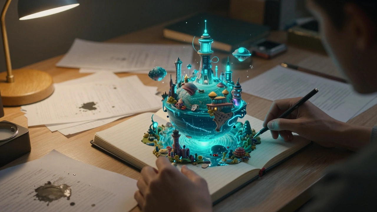 A miniature bioluminescent water planet emerging from a writer's open notebook on a desk.