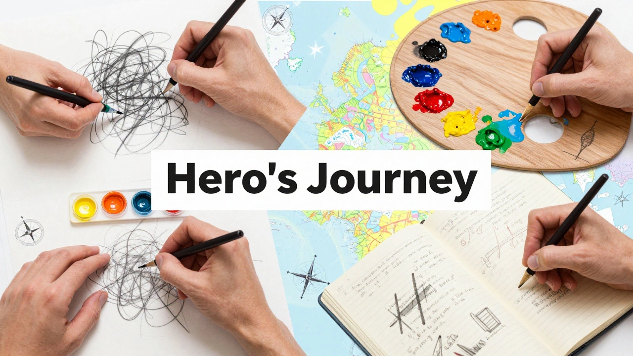 A montage of hands sketching and painting, layered with abstract maps and artistic tools.