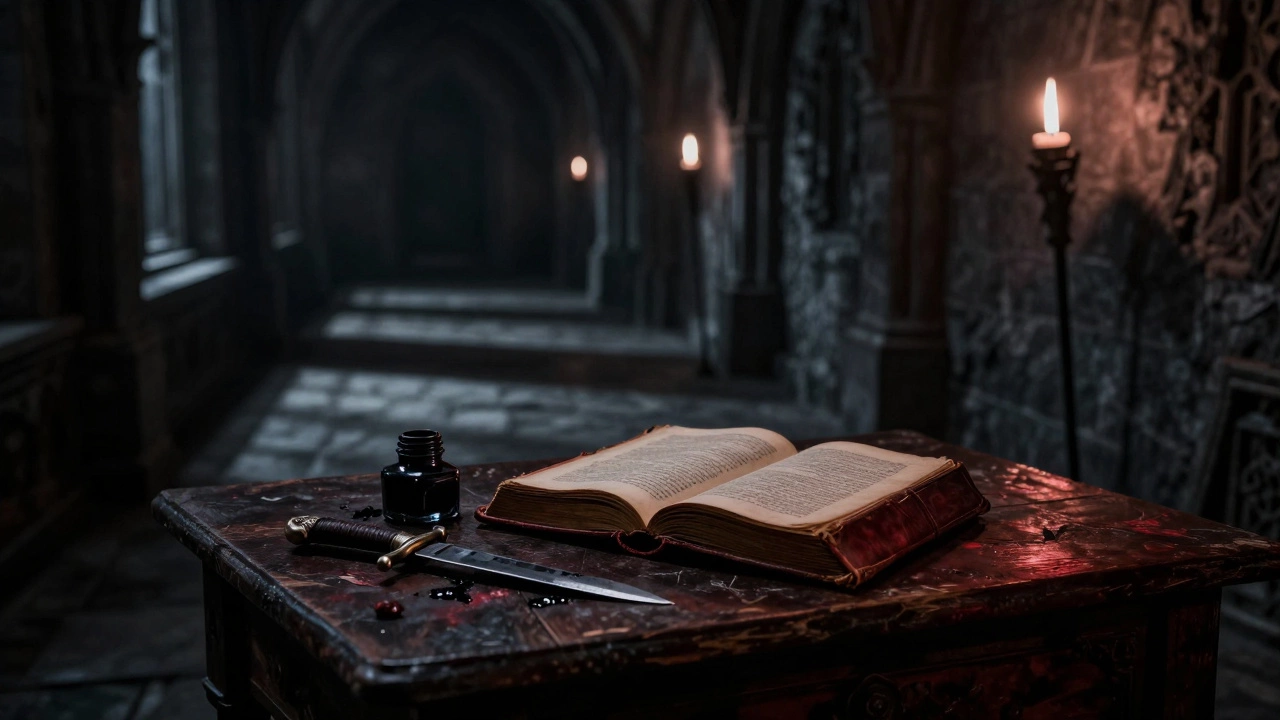 A moody gothic scene with an open book, ink, and a dagger on a dark wooden table.