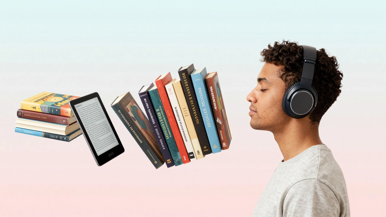A person wearing headphones surrounded by a floating e-reader and a stack of diverse books.
