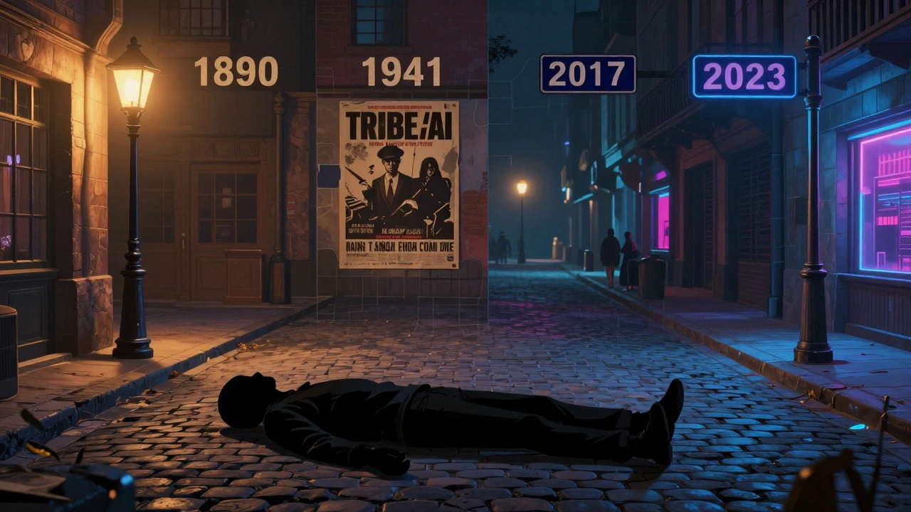 A single body on a street split into four different time periods from 1890 to 2023.