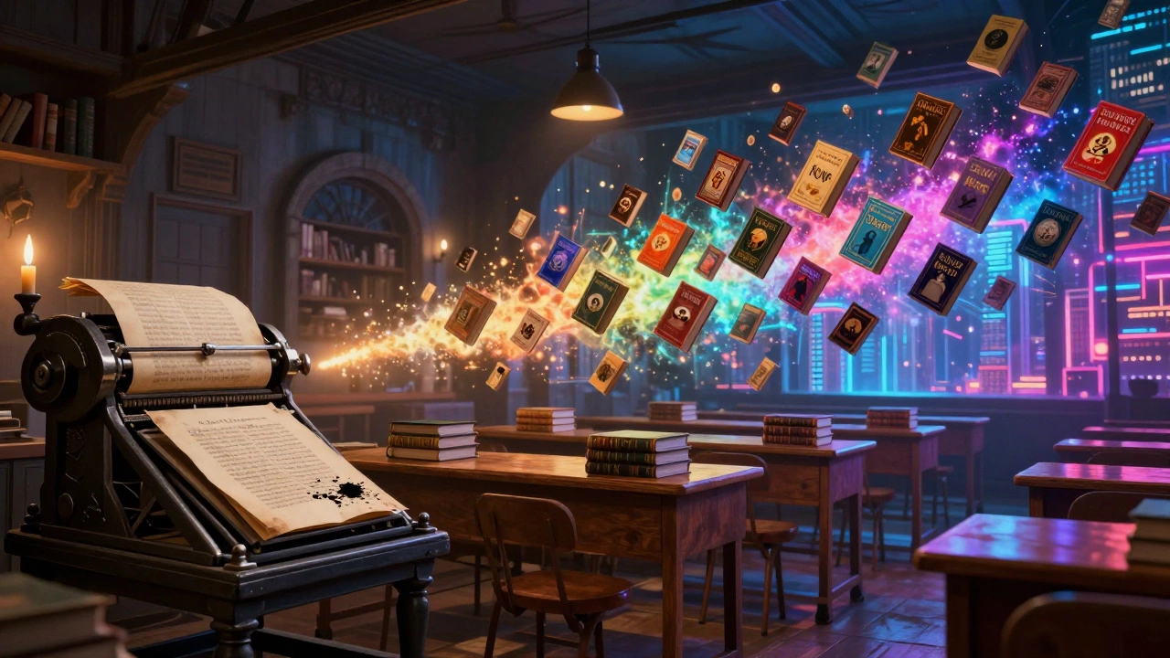 A visual timeline from an old printing press to a modern explosion of fantasy novels.