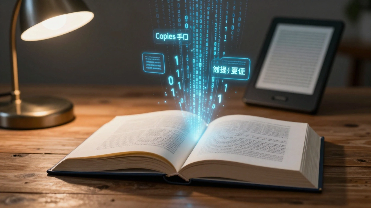 An open physical book transforming into a digital stream of holographic text.