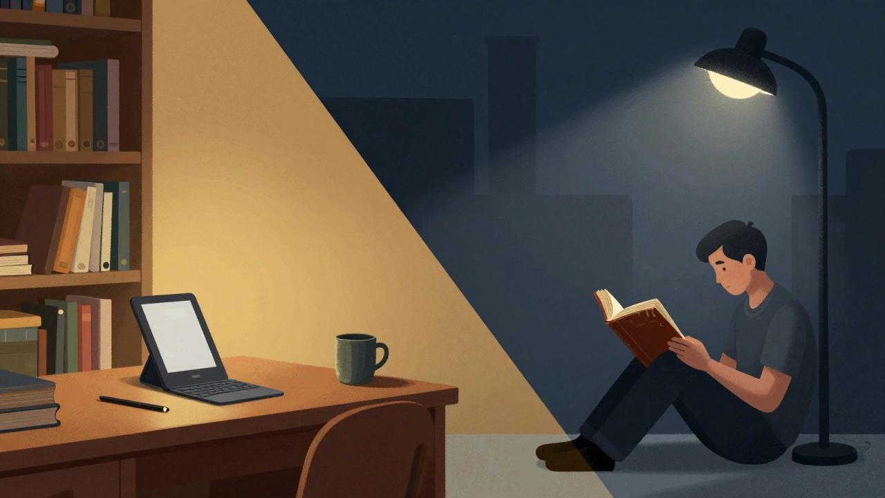 Split conceptual art showing the contrast between a home library and limited book access in a city