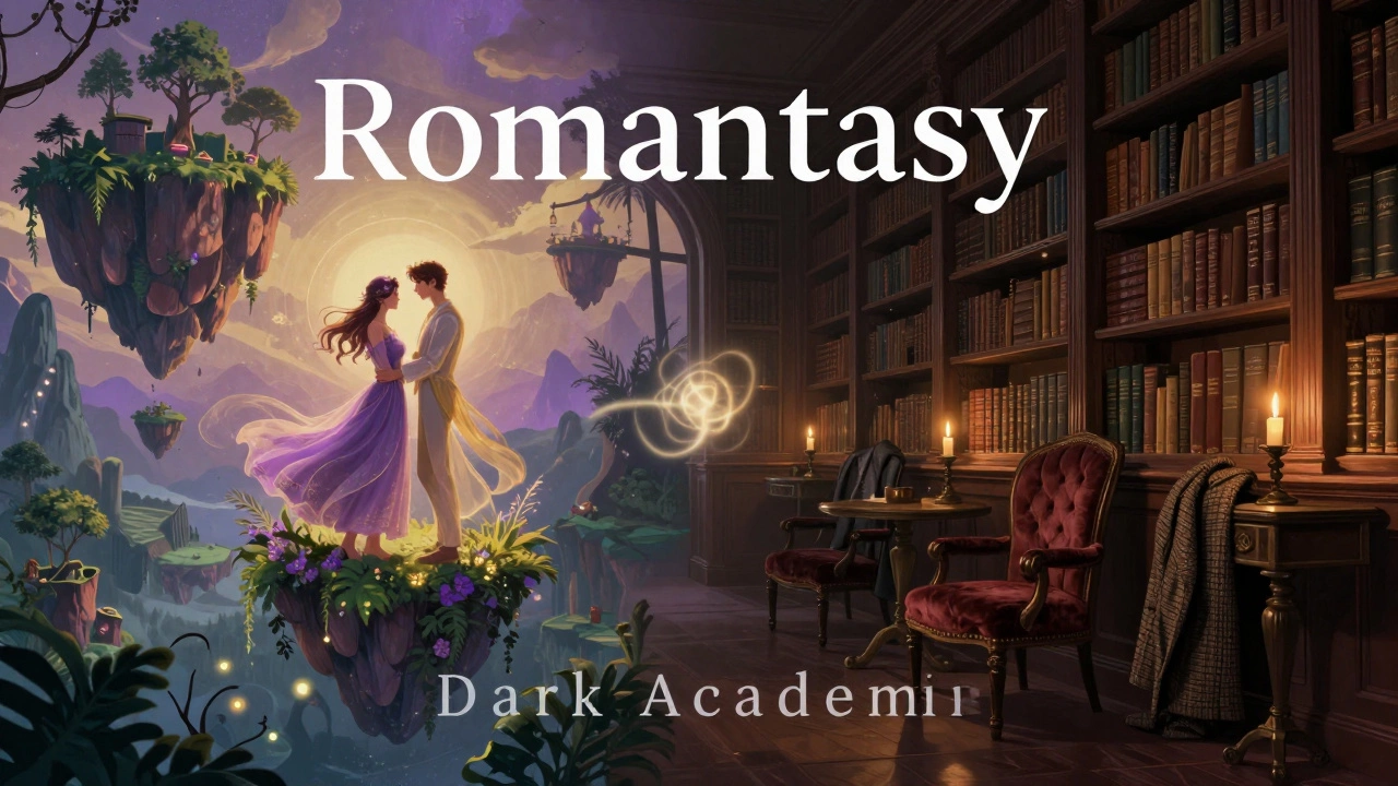 Split scene showing a magical romantic landscape and a moody, traditional dark academia library.