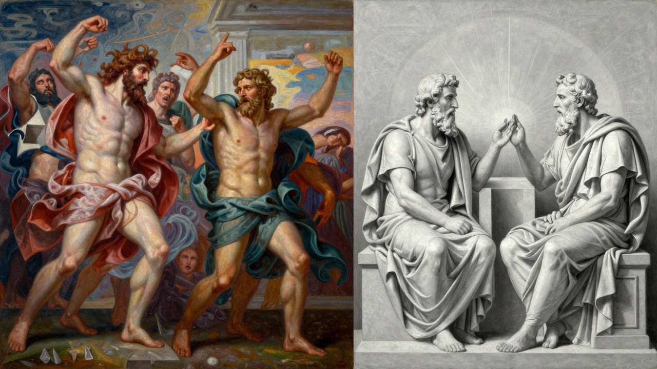 Artistic split view contrasting chaotic Greek myths with calm philosophers
