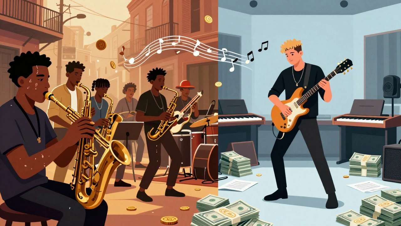 Contrast between original jazz creators and profiting pop star
