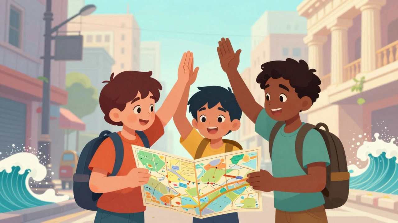 Diverse friends standing together blending modern city and Greek mythology
