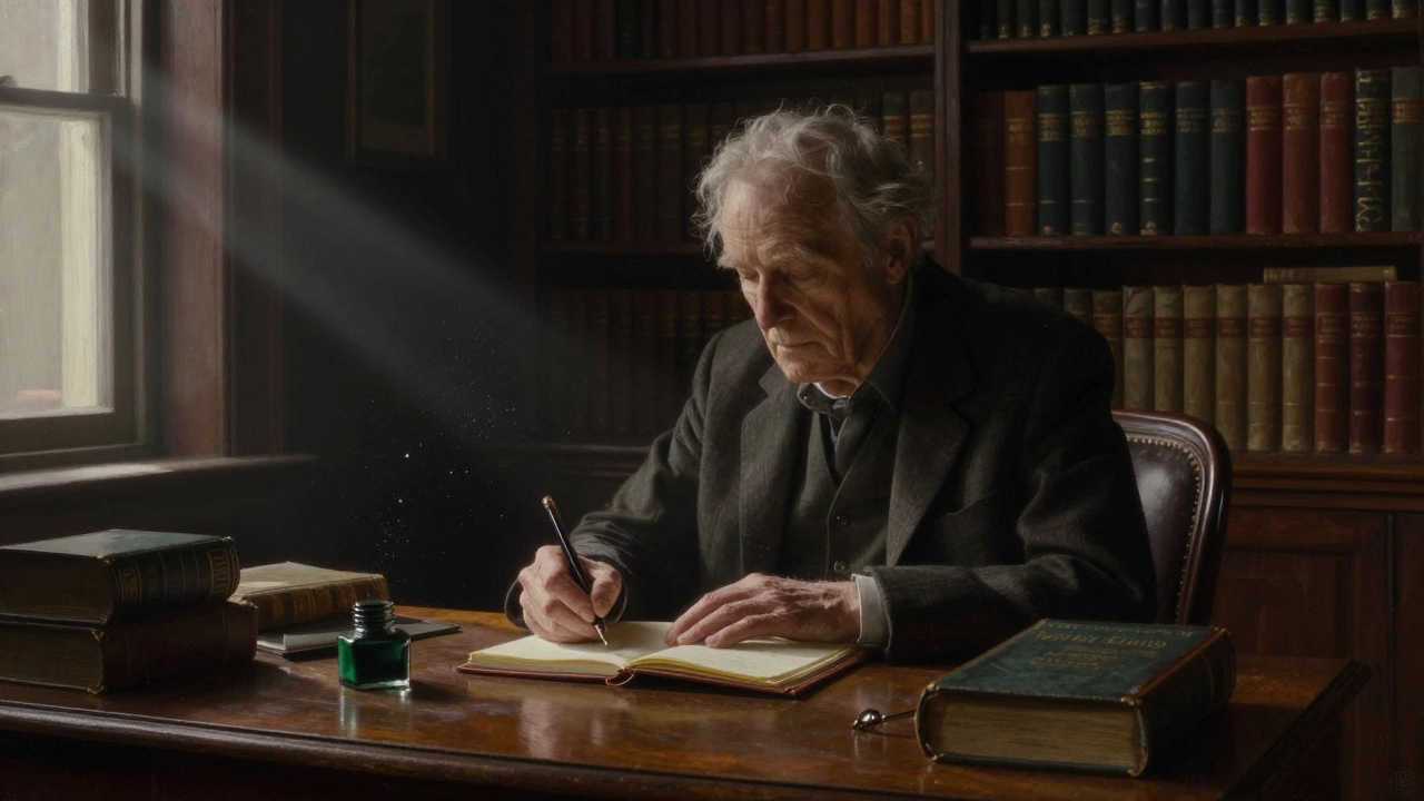 Elderly author writing in a shadowy, book-filled study with moody lighting
