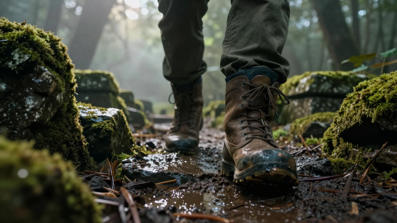 Explorer's boots on slippery ancient stone ruins in misty forest