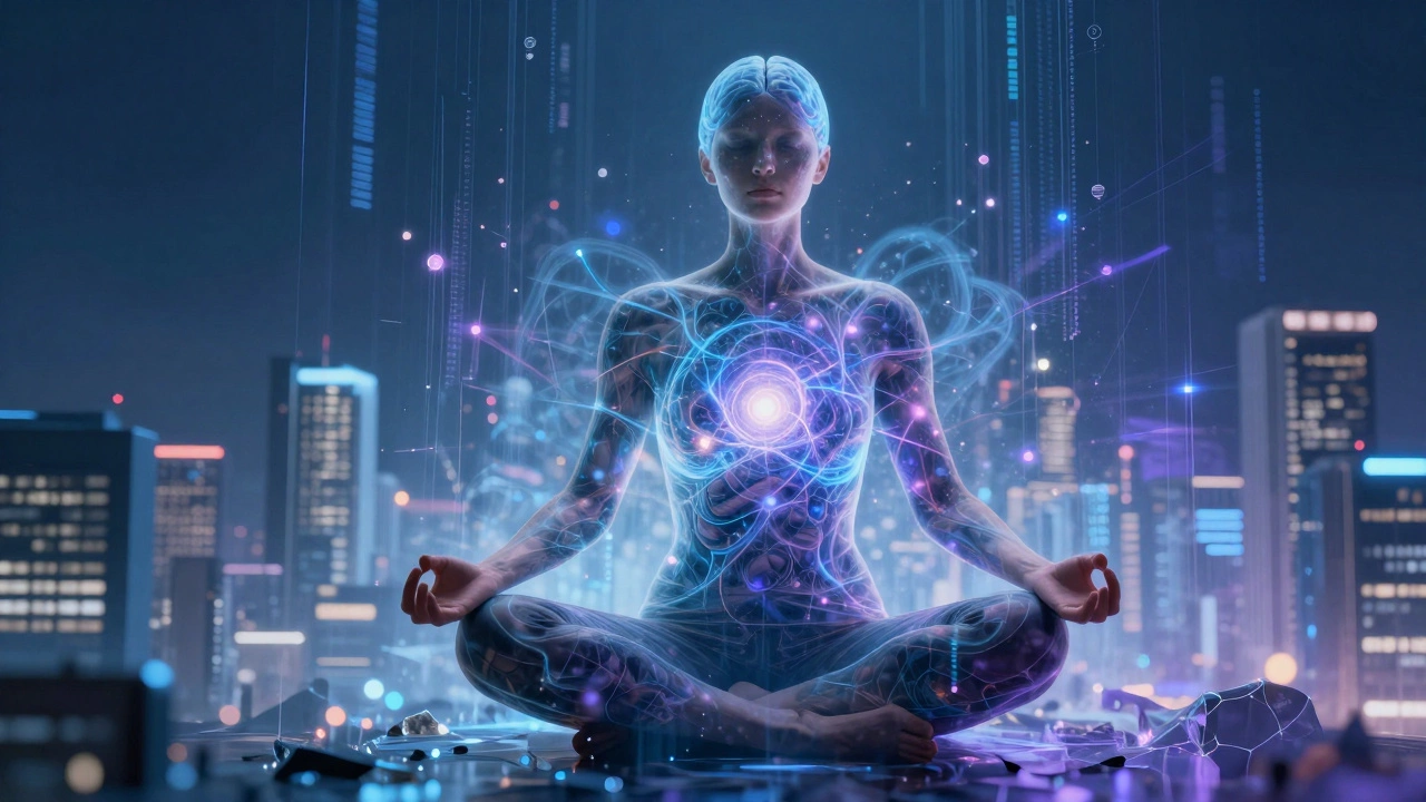 Meditating figure with quantum neural core showing mental rewiring