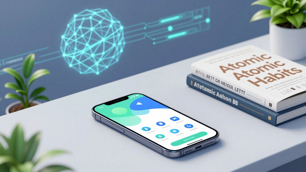 Modern desk with productivity books and digital habit tracking concepts