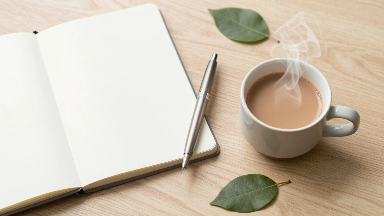 Organized desk with notebook and chai tea, illustrating daily habits and personal growth.