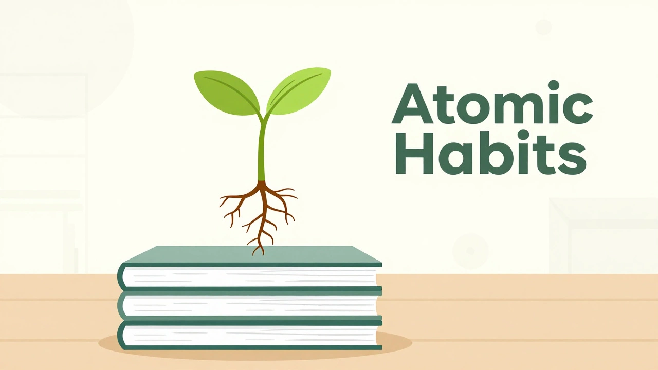 Seedling growing from books representing small habit compound growth