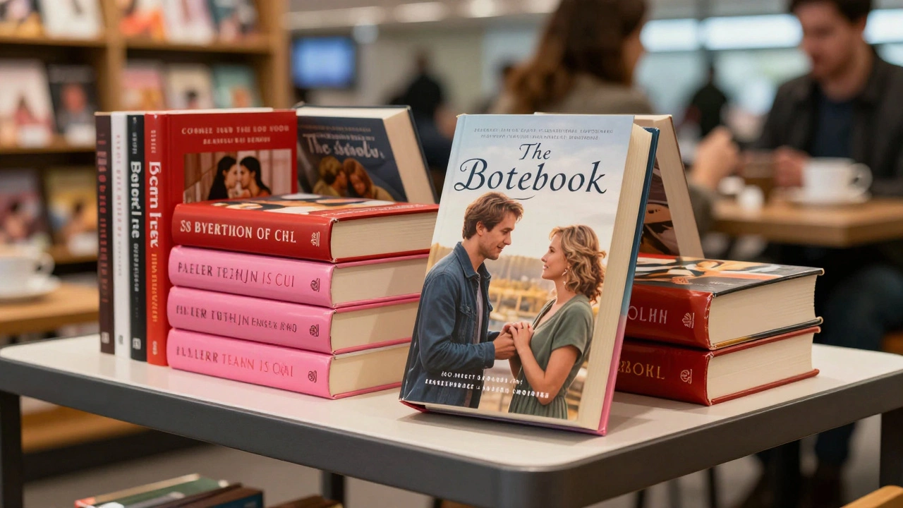 Stack of colorful romance paperbacks on a modern shelf