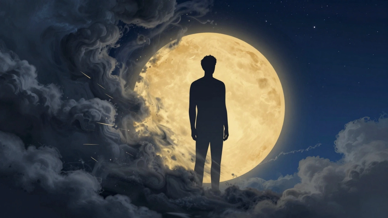 Surreal art showing a calm figure standing firm amidst a storm, representing stoic resilience.
