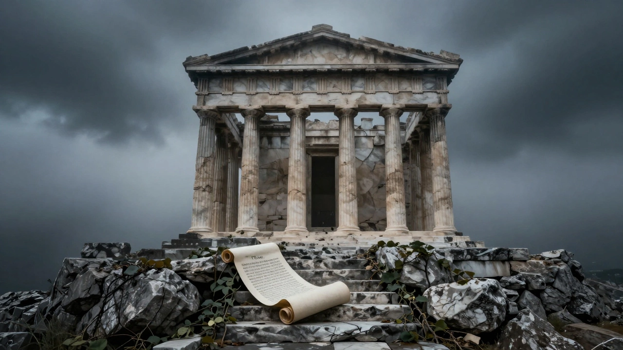 The abandoned Temple of Apollo at Delphi shrouded in mist and shadow