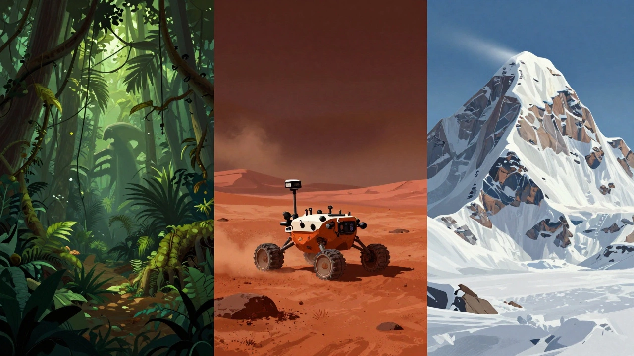 Three hostile adventure settings: jungle, Mars, and snowy mountain peak