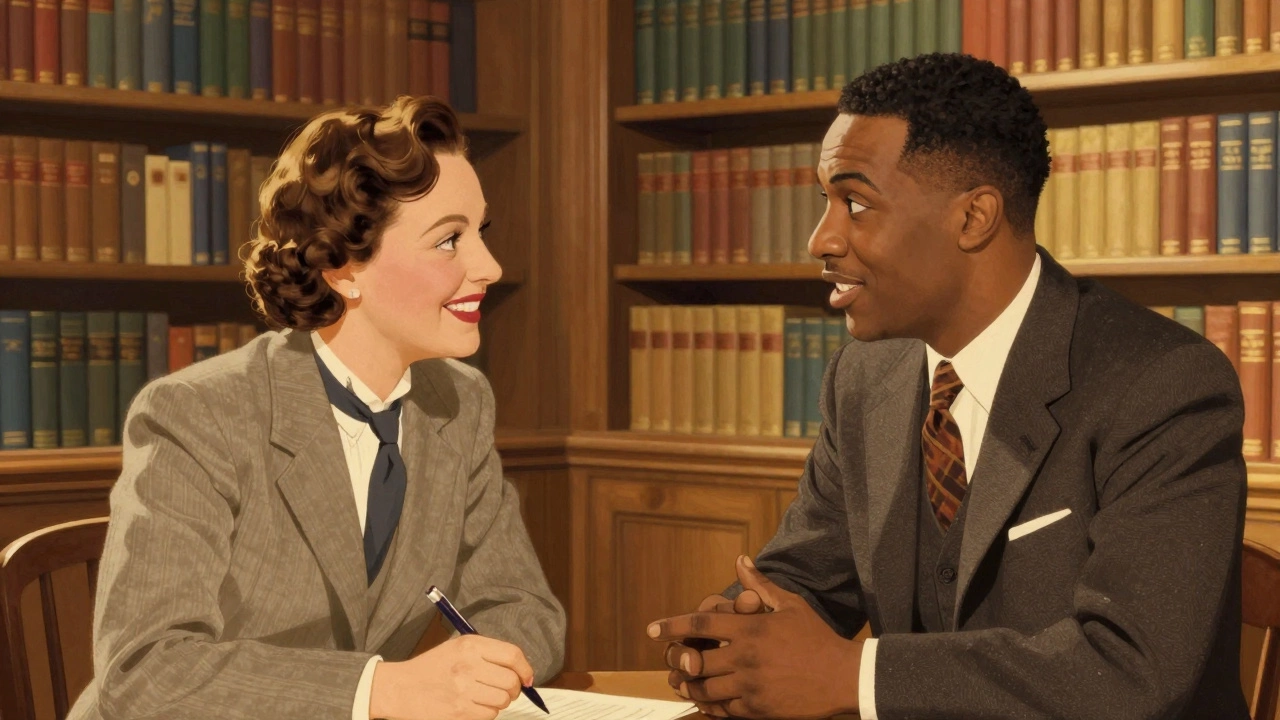 Vintage illustration of two people connecting deeply in a library
