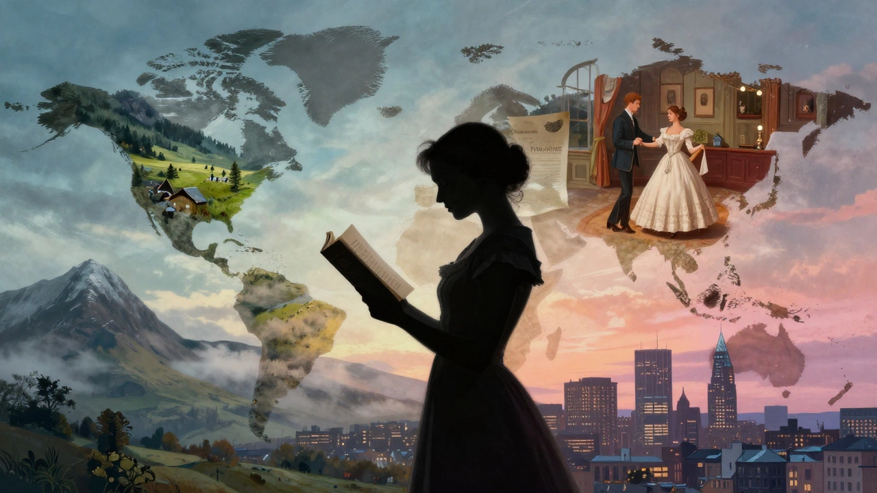 Woman reading surrounded by floating scenes from romance novels