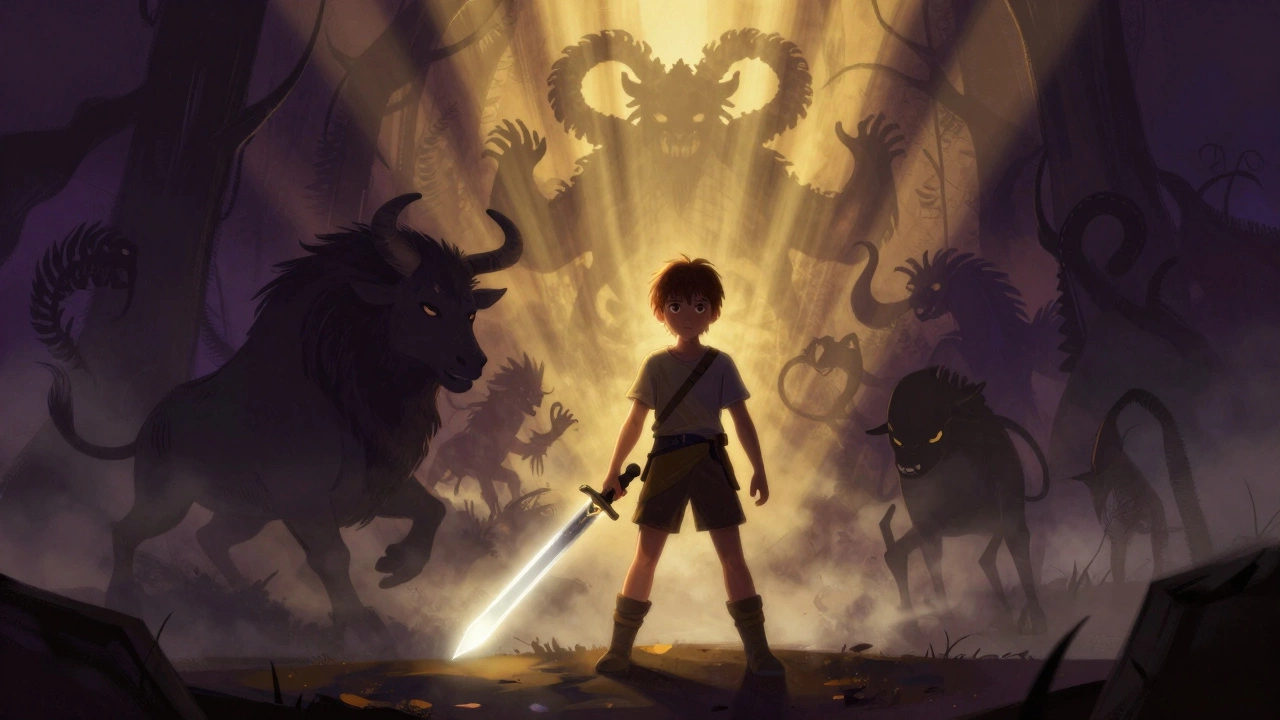 Young hero with sword facing shadowy Greek monsters in adventurous light
