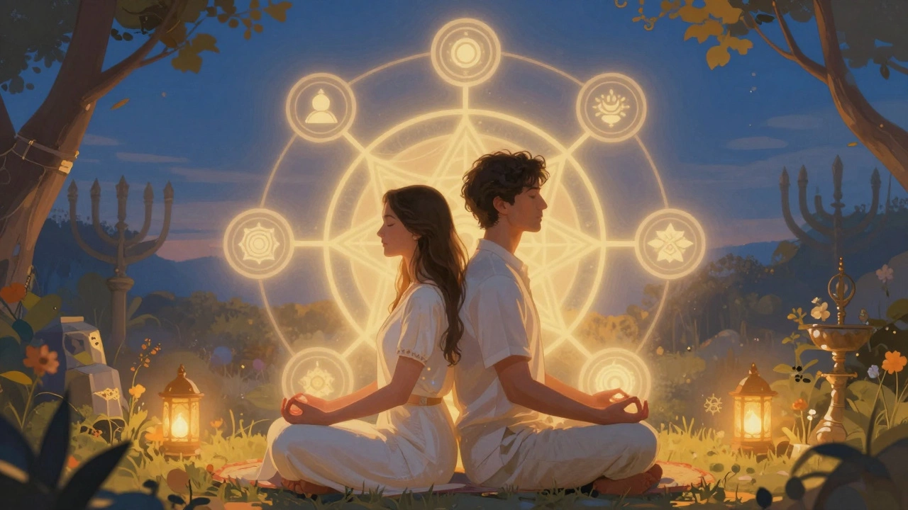 Couple surrounded by sacred seven-pointed symbols