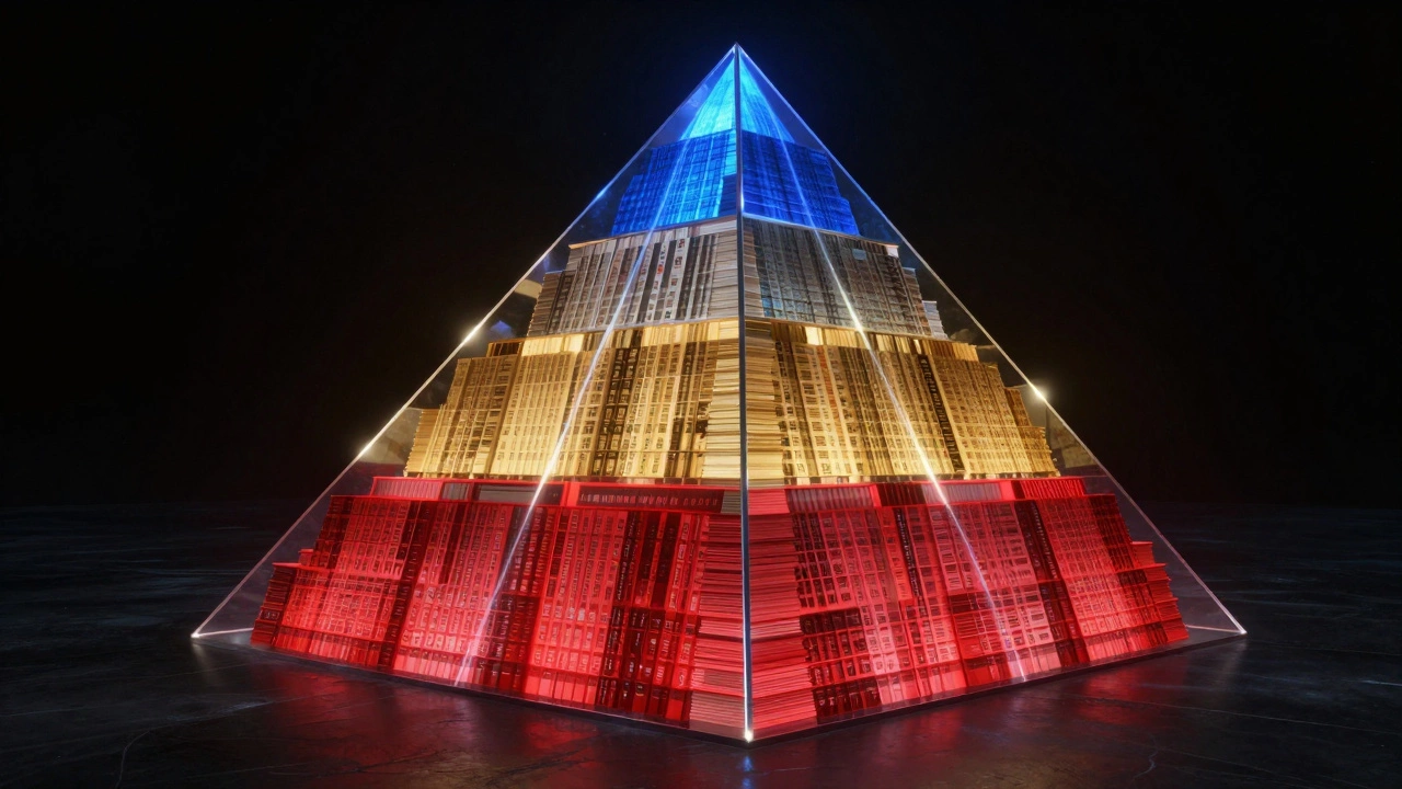 Glowing pyramid of stacked papers showing book sales distribution categories