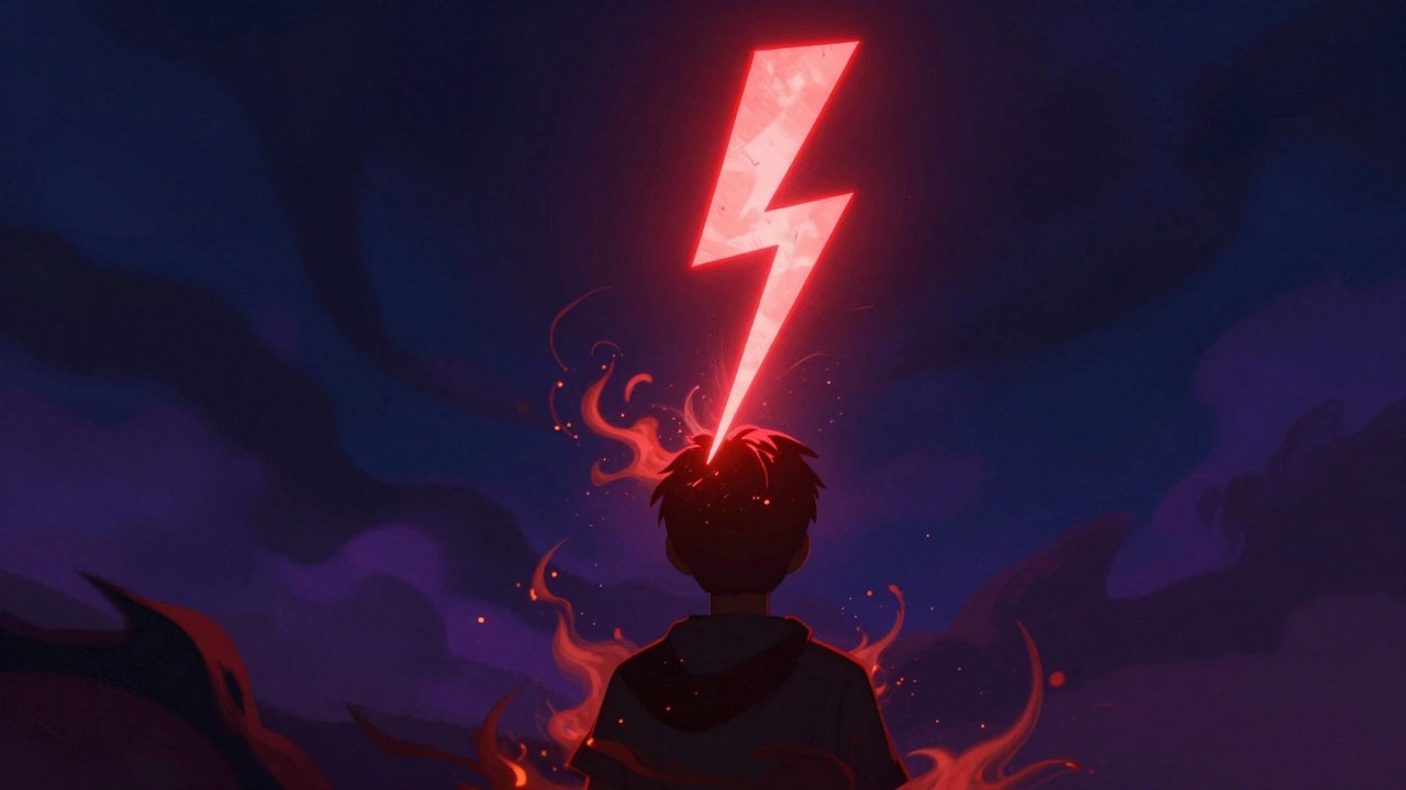 Glowing red lightning bolt symbolizing magic and trauma over a silhouette.