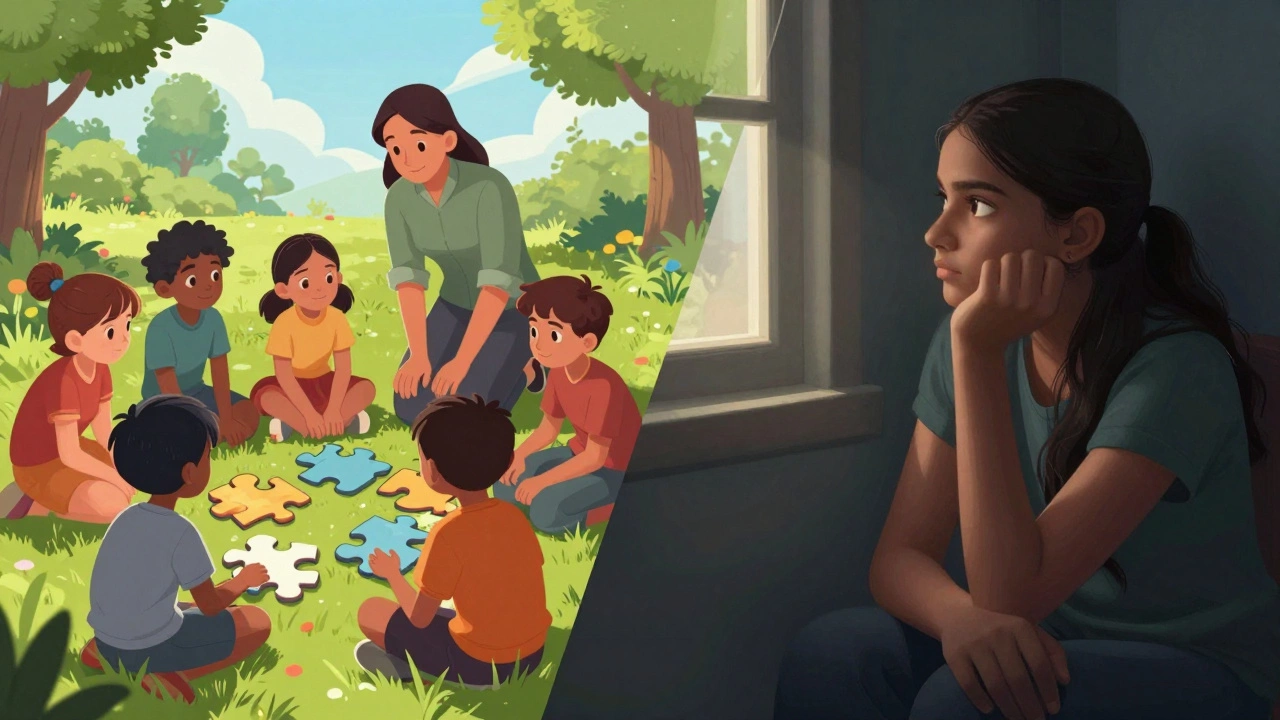 Illustration contrasting external play in kids' books with teen introspection