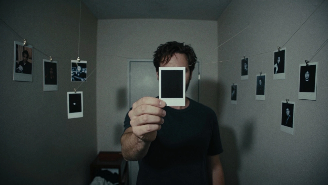 Man in a motel room surrounded by clues and photos, depicting memory loss