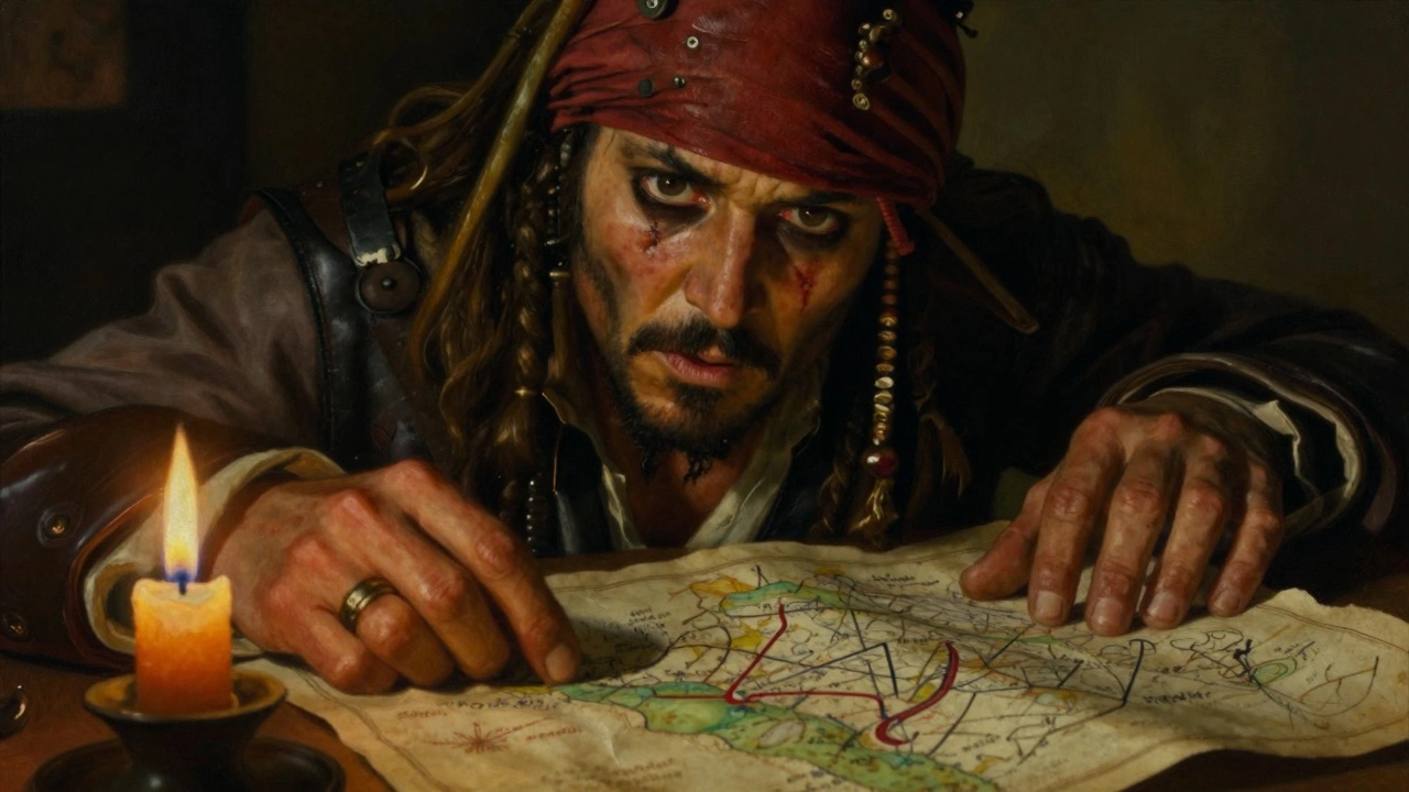 Pirate looking at map by candlelight
