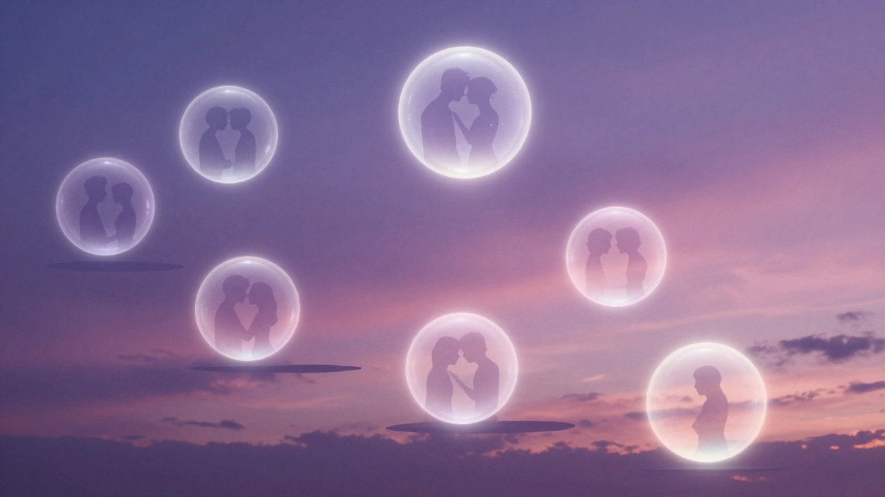 Seven glowing steps representing romance story arcs