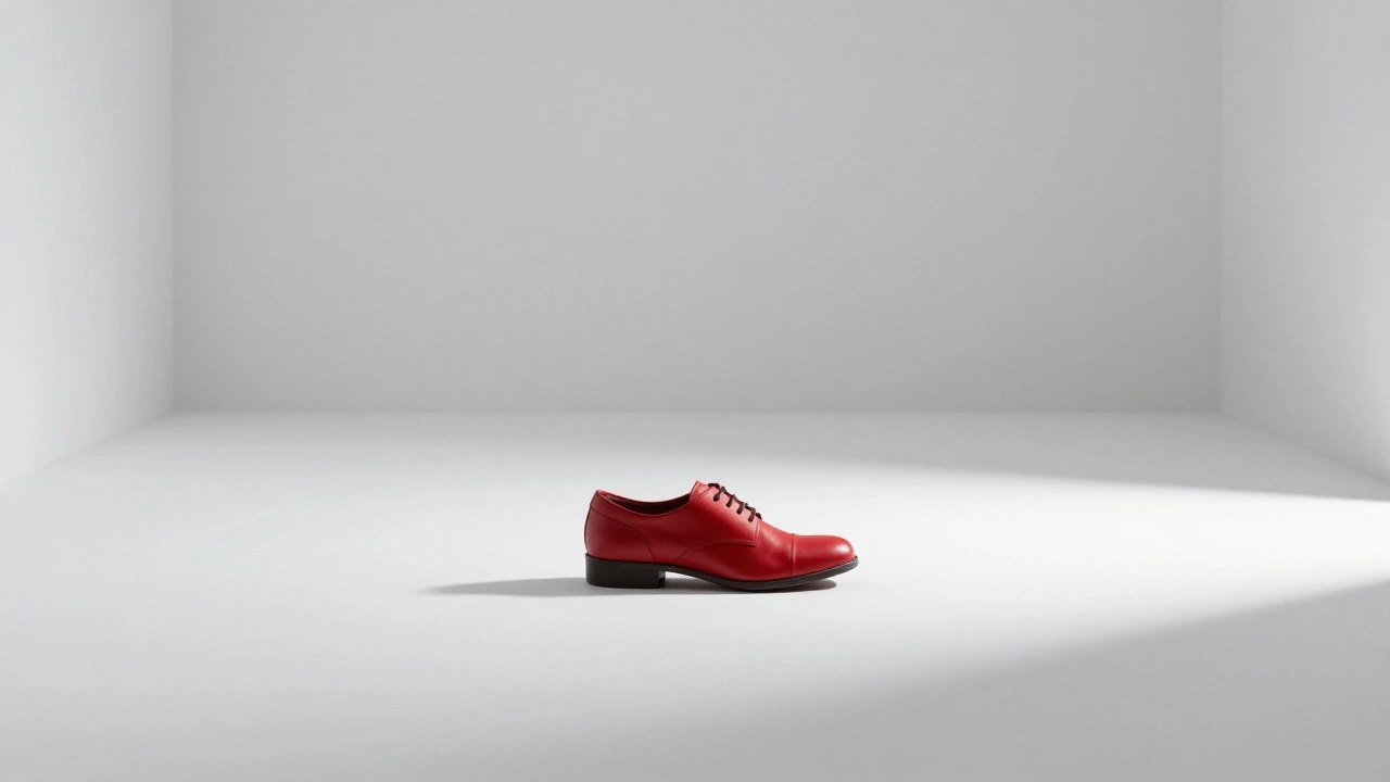 Single red shoe in empty white room