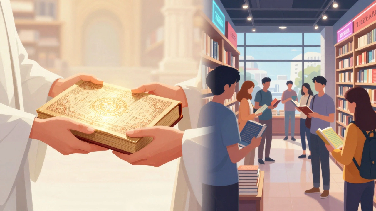 Split image contrasting religious manuscript sharing with modern bookstore shopping