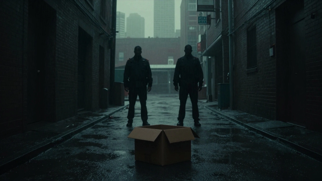 Two detectives in a rainy, dark alleyway investigating a crime scene