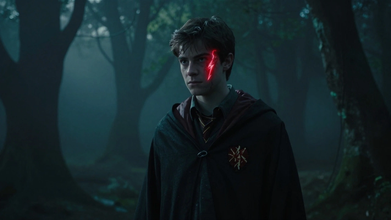 Wizard in dark robes with a glowing red scar illuminated by dramatic lighting.