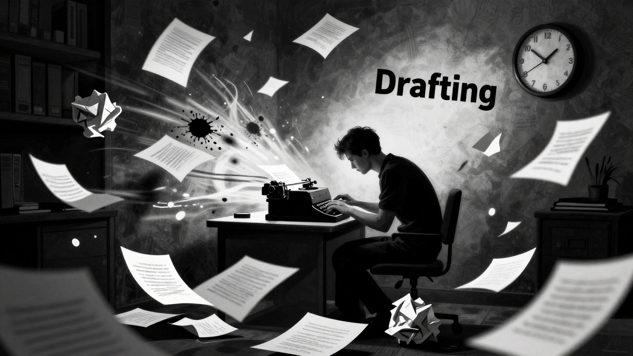 Chaotic scene of drafting with scattered papers and intense lighting