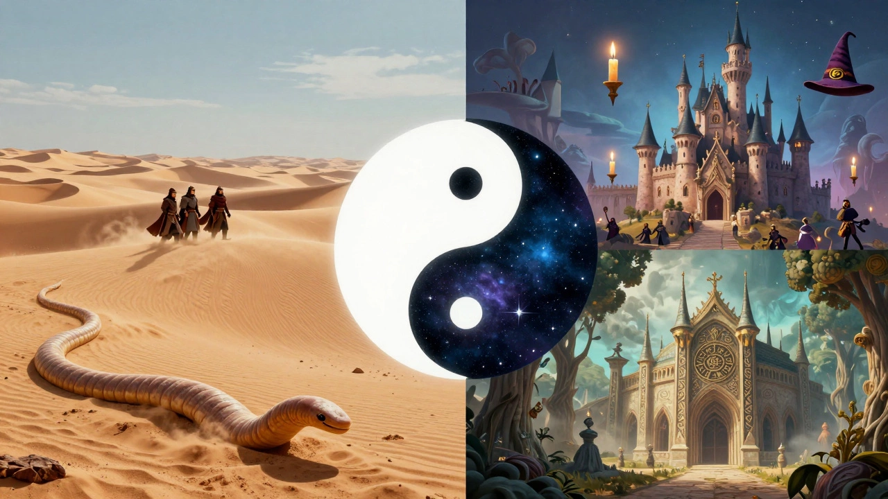 Collage blending Dune, Harry Potter, LOTR, and Earthsea