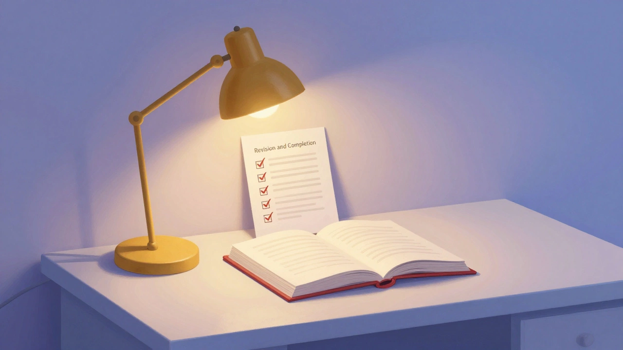 Finished manuscript on a clean desk under warm lamp light