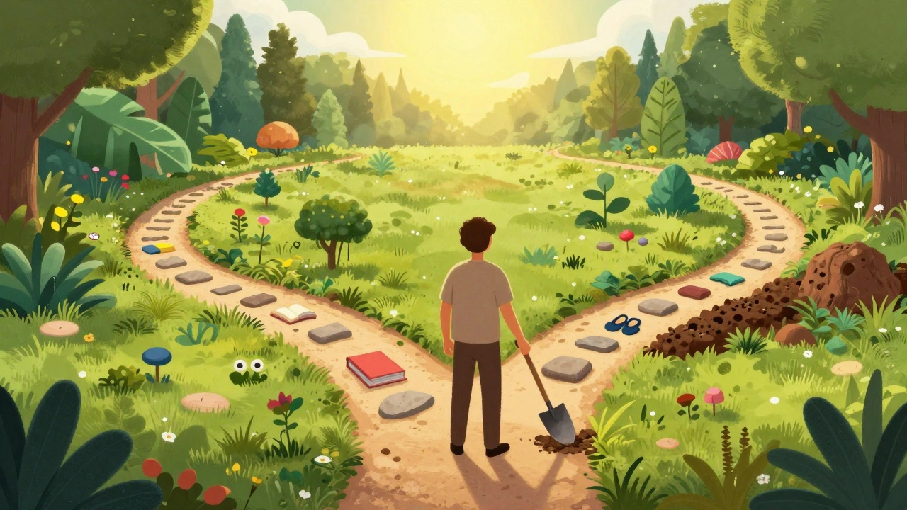 Person clearing a path in a garden to represent changing habits and neuroplasticity